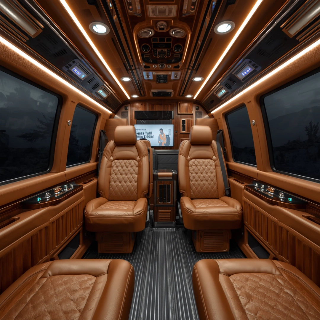 Luxury interior of Ninh Binh limousine with adjustable leather seats and USB ports.