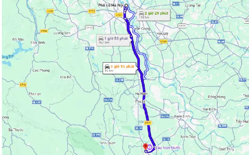 Map showing the route from Hanoi to Ninh Binh.