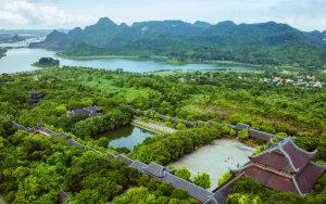 Bai Dinh Pagoda complex aerial view with lush green mountains in Ninh Binh