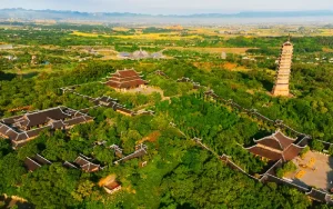 Panoramic drone view of Bai Dinh Pagoda complex landscape in Ninh Binh