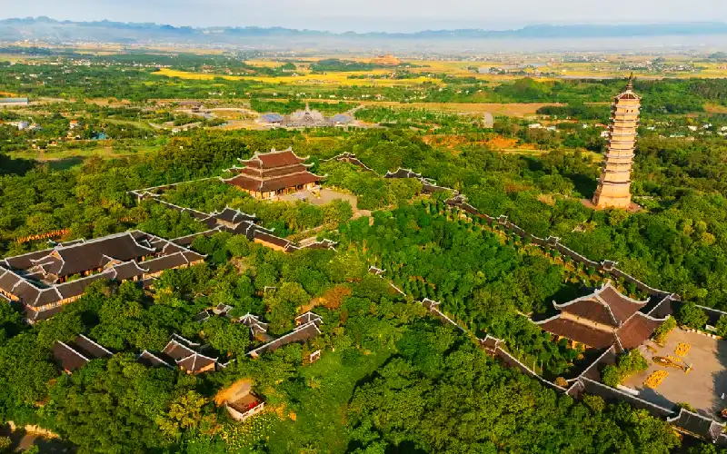 Panoramic drone view of Bai Dinh Pagoda complex landscape in Ninh Binh