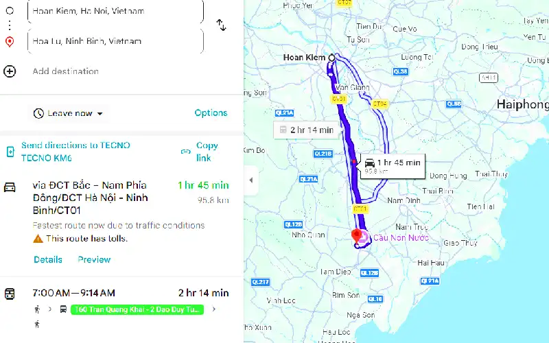 Map showing the limousine shuttle route from Hanoi to Ninh Binh.
