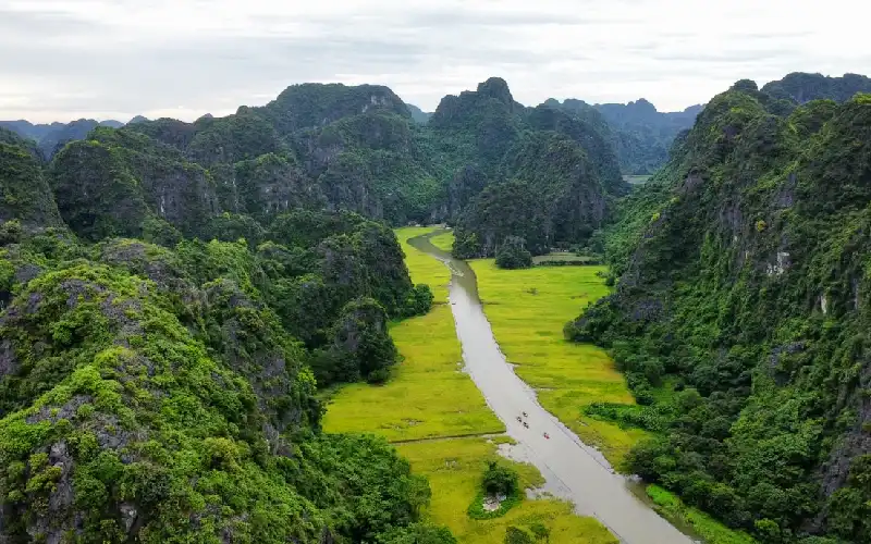 Panoramic view of Tam Coc rice fields from Mua Cave