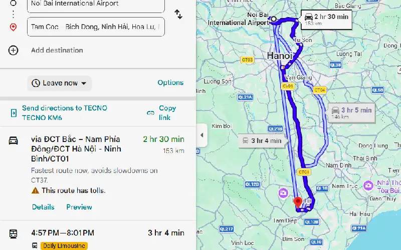 Route map from Noi Bai Airport to Ninh Binh