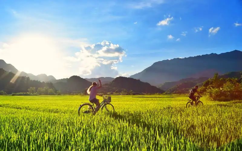 Visitors cycling through the countryside near Tam Coc