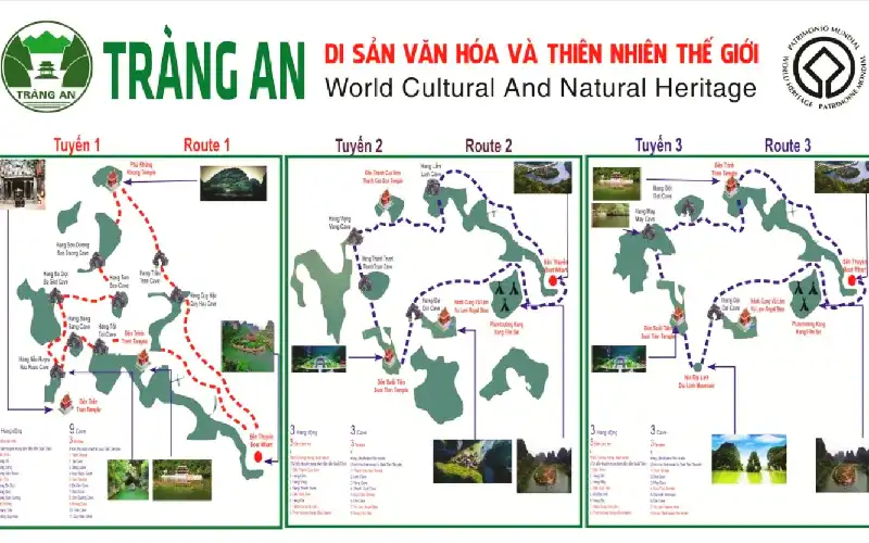 Comparison map of Trang An Boat Tour Routes 1, 2, and 3 in Trang An Landscape Complex, Ninh Binh.
