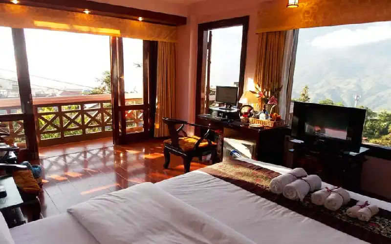 Mountain view hotel room overlooking Sapa valley