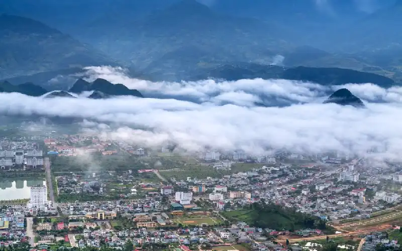 Sapa town surrounded by mountains in northern Vietnam